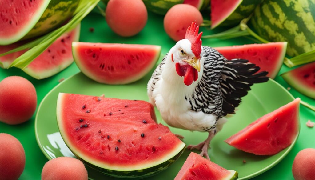 chicken eating watermelon pulp