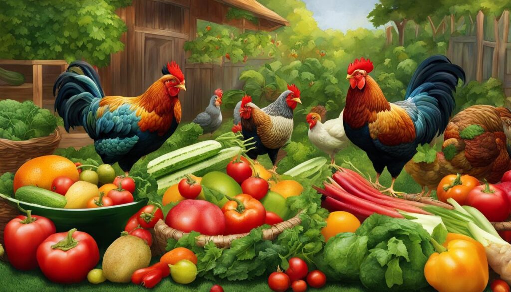 chickens eating fruits and vegetables