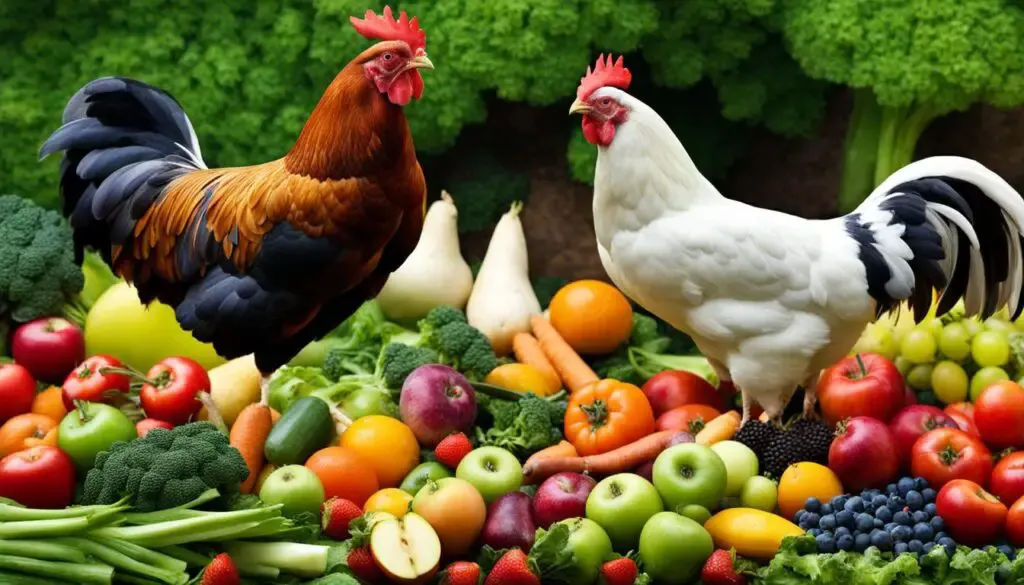 chickens eating healthy food