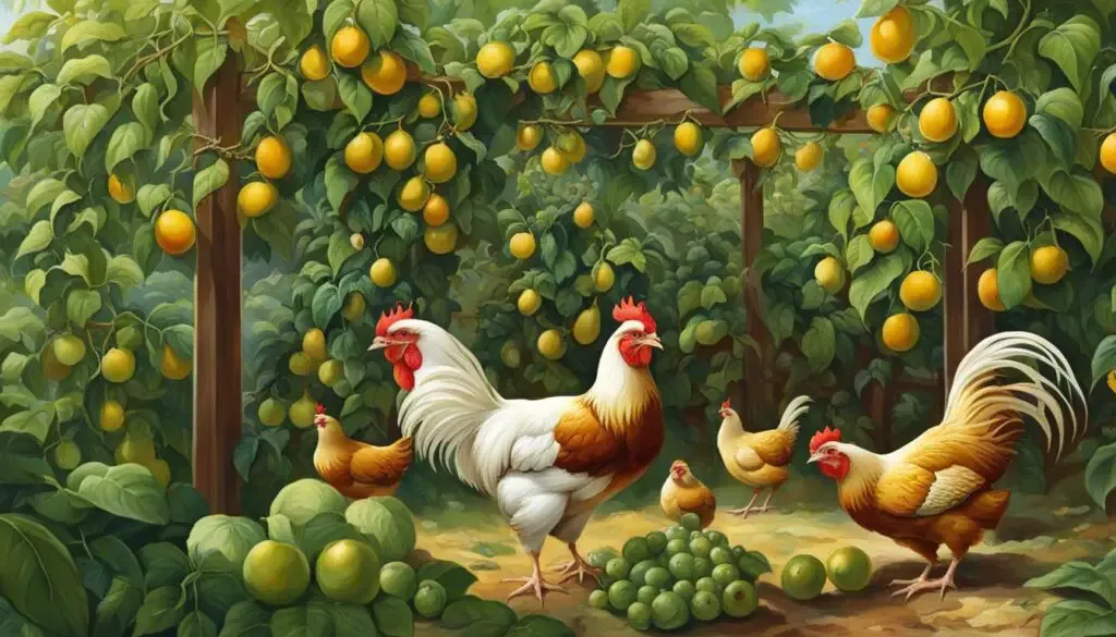 chickens eating passion fruit vines