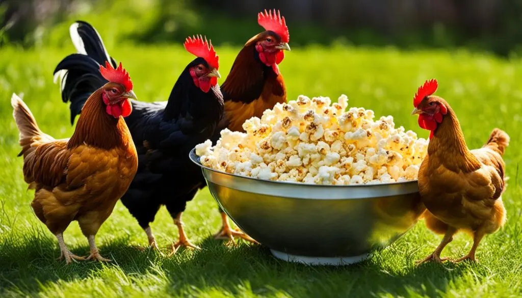 chickens eating popcorn