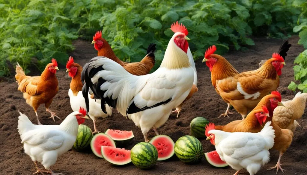 chickens eating watermelon seeds